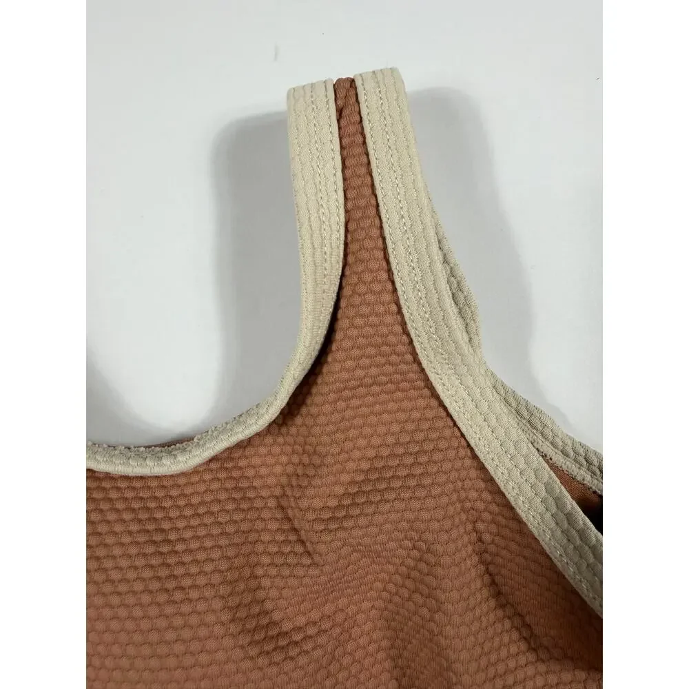 H&M Toddler Textured One Piece Swimsuit Brown Cream Trim size 2 years